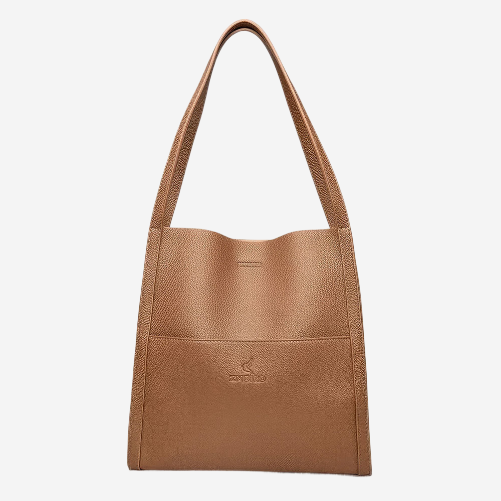A tan leather tote bag with a curved handle and two shoulder straps.