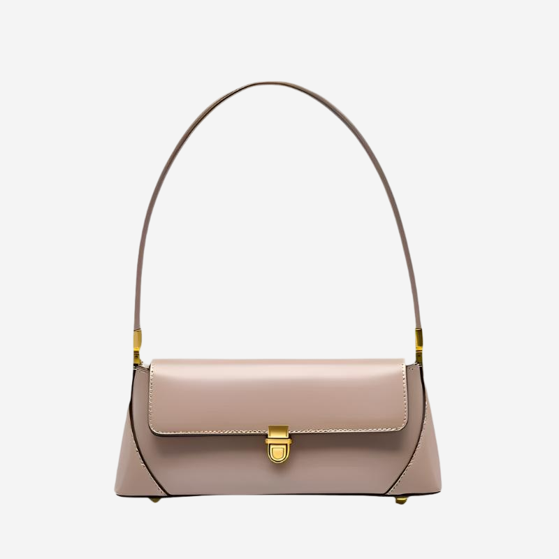A tan leather handbag with a gold metal clasp and strap.