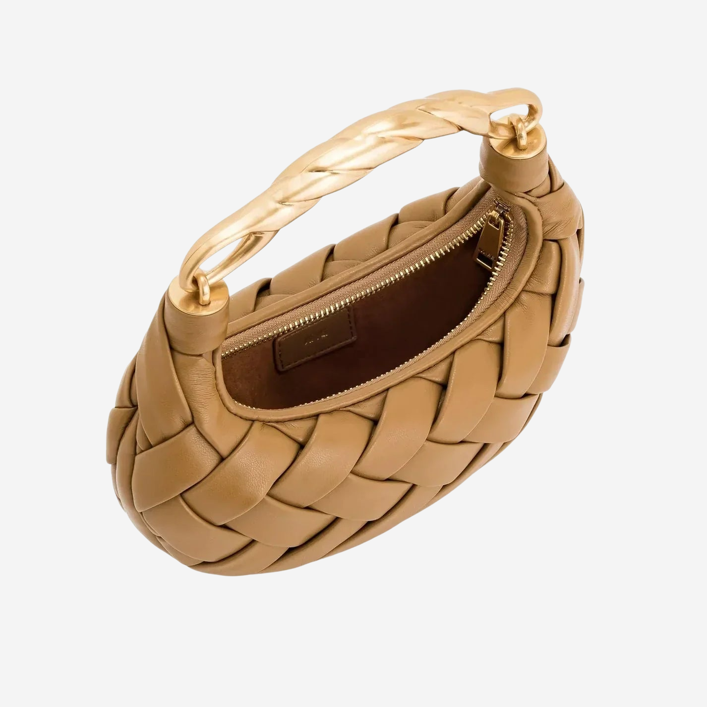 A tan woven handbag with a gold handle and zipper.