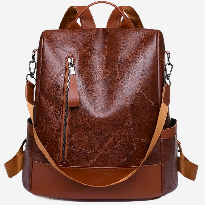 A brown leather backpack with multiple pockets and zippers.