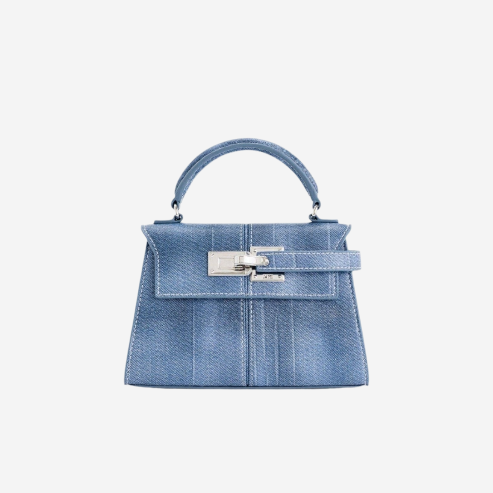 A small blue handbag with a metal clasp and handle.