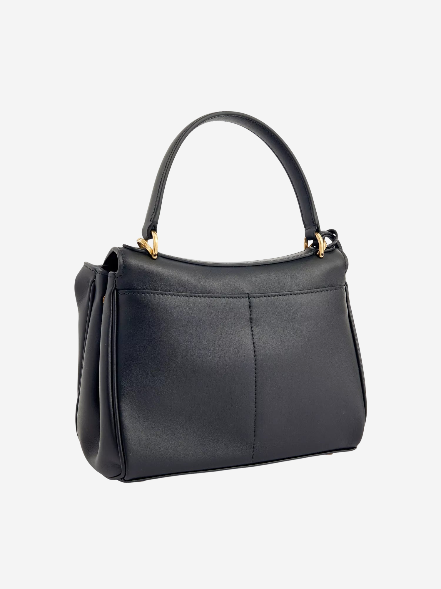 A black leather handbag with a curved handle and gold hardware.