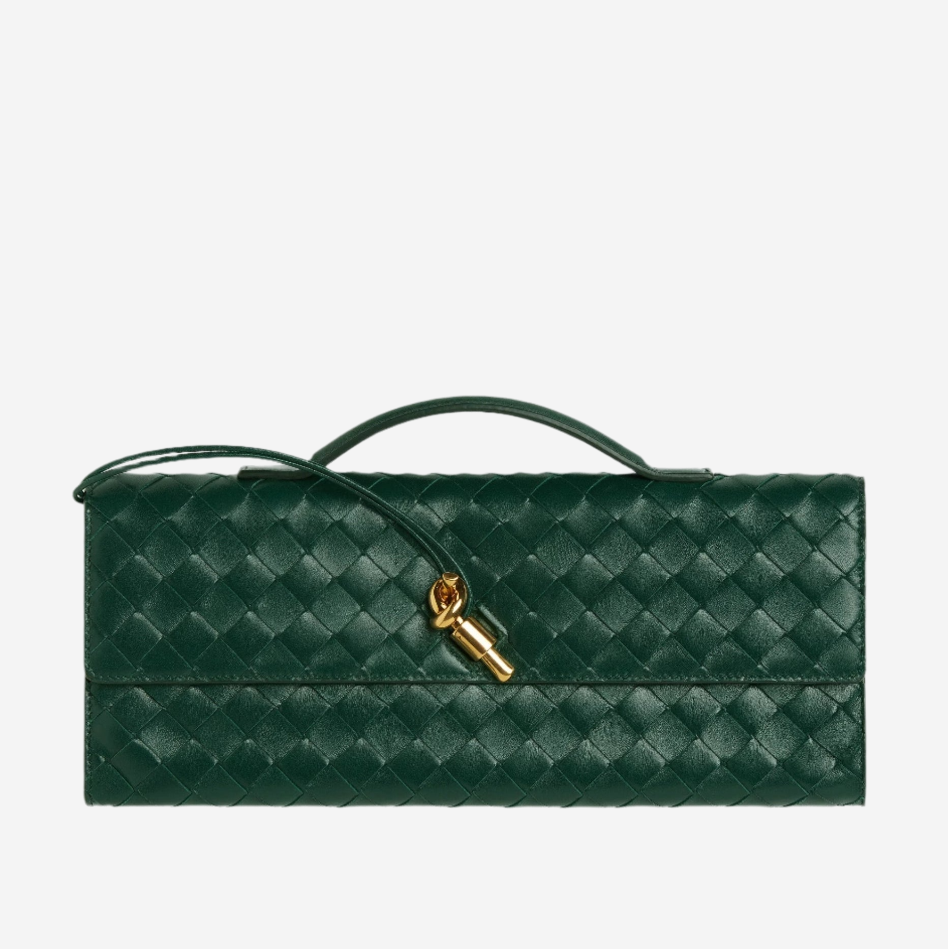 A dark green leather handbag with a gold-colored metal clasp and handle.