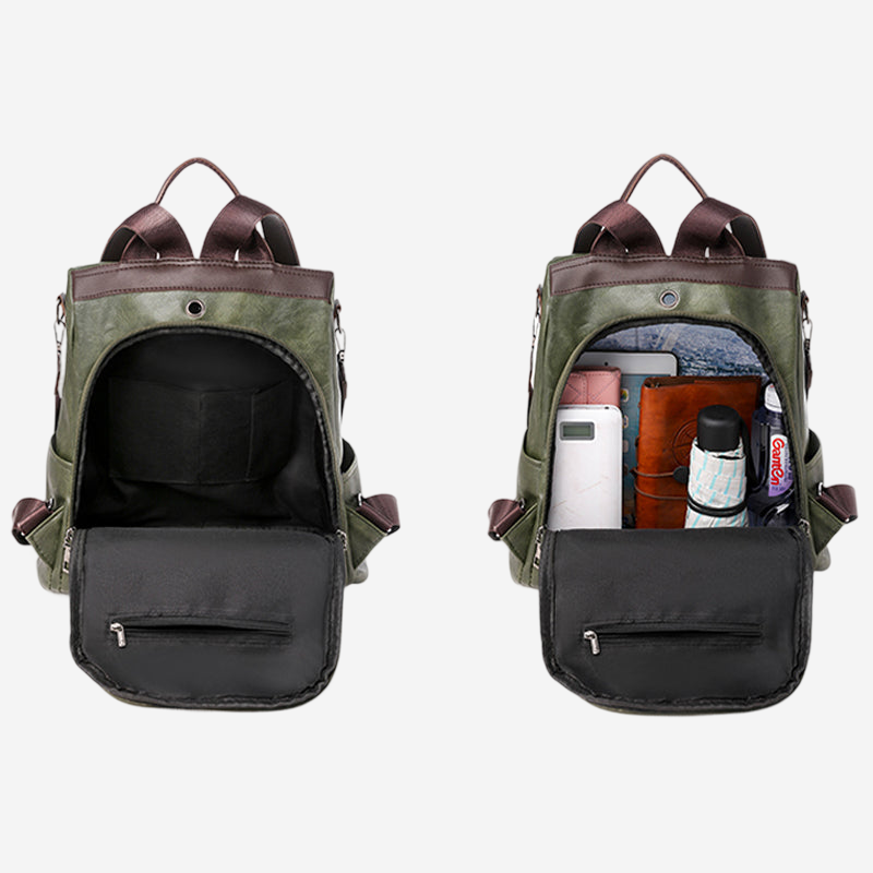 two views of a backpack, with the front and back views side by side. The backpack is open, revealing its contents inside.