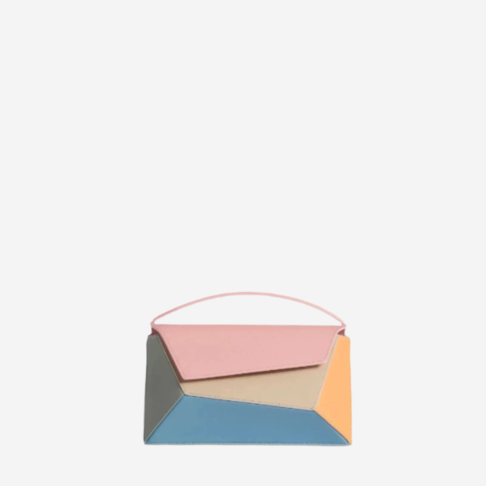 A small, colorful handbag with a geometric pattern in pink, blue, and orange.