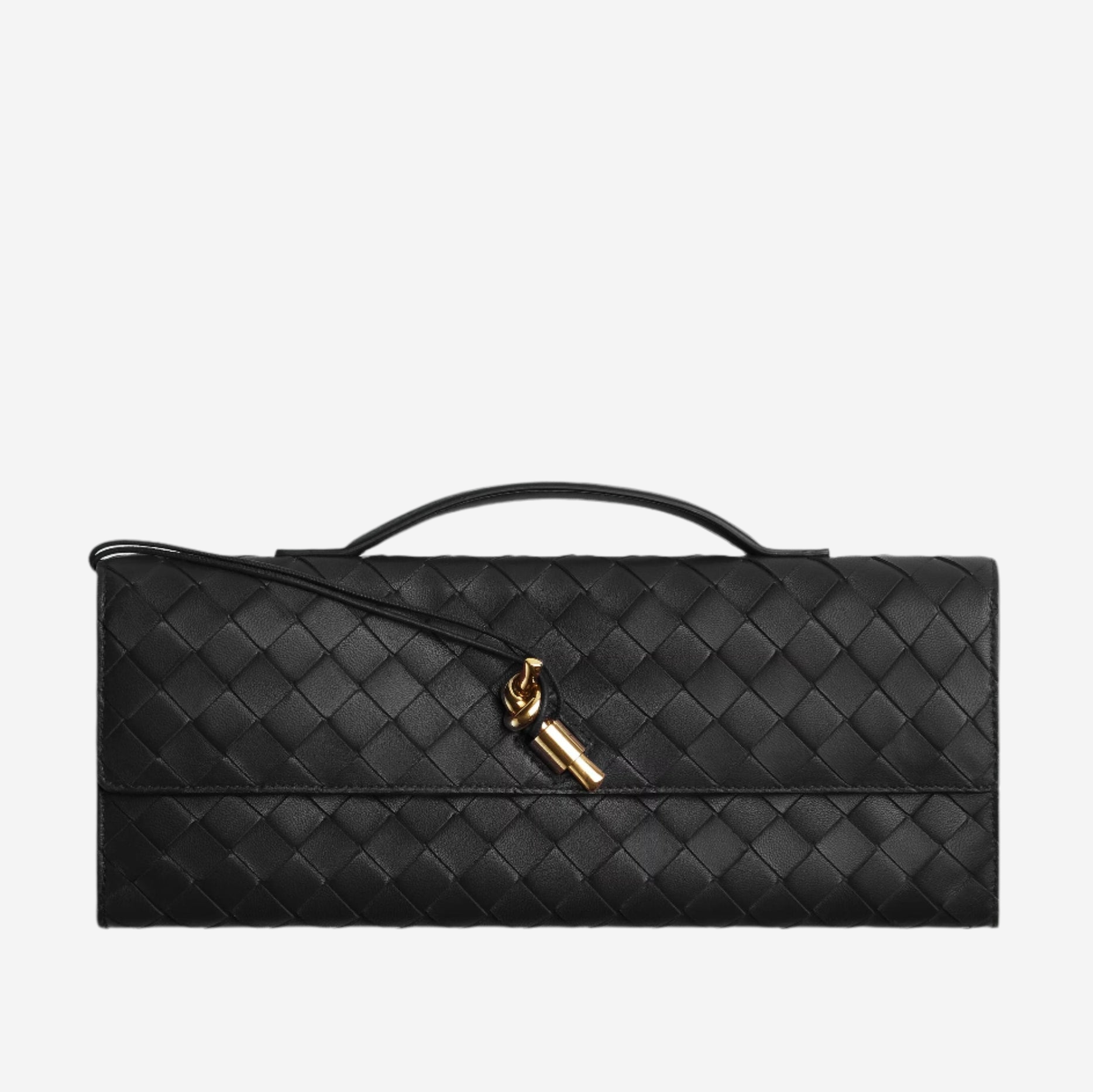 A black leather clutch purse with a gold chain strap and a gold lock.