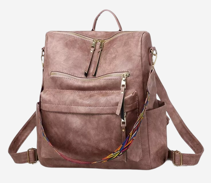 A brown leather backpack with multiple pockets and zippers, featuring a colorful strap.
