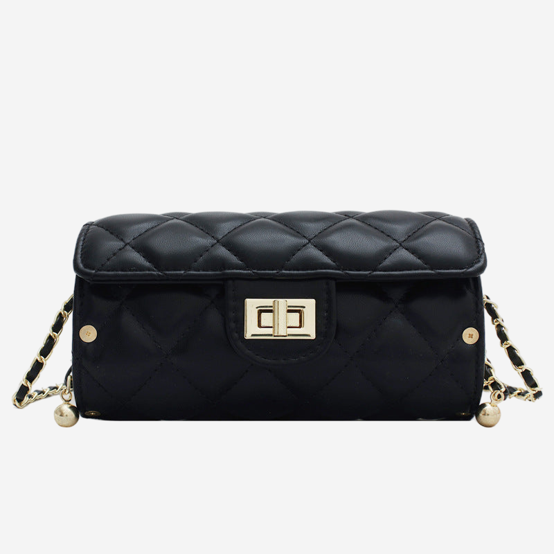 A black quilted leather handbag with a gold-colored metal clasp and chain strap.
