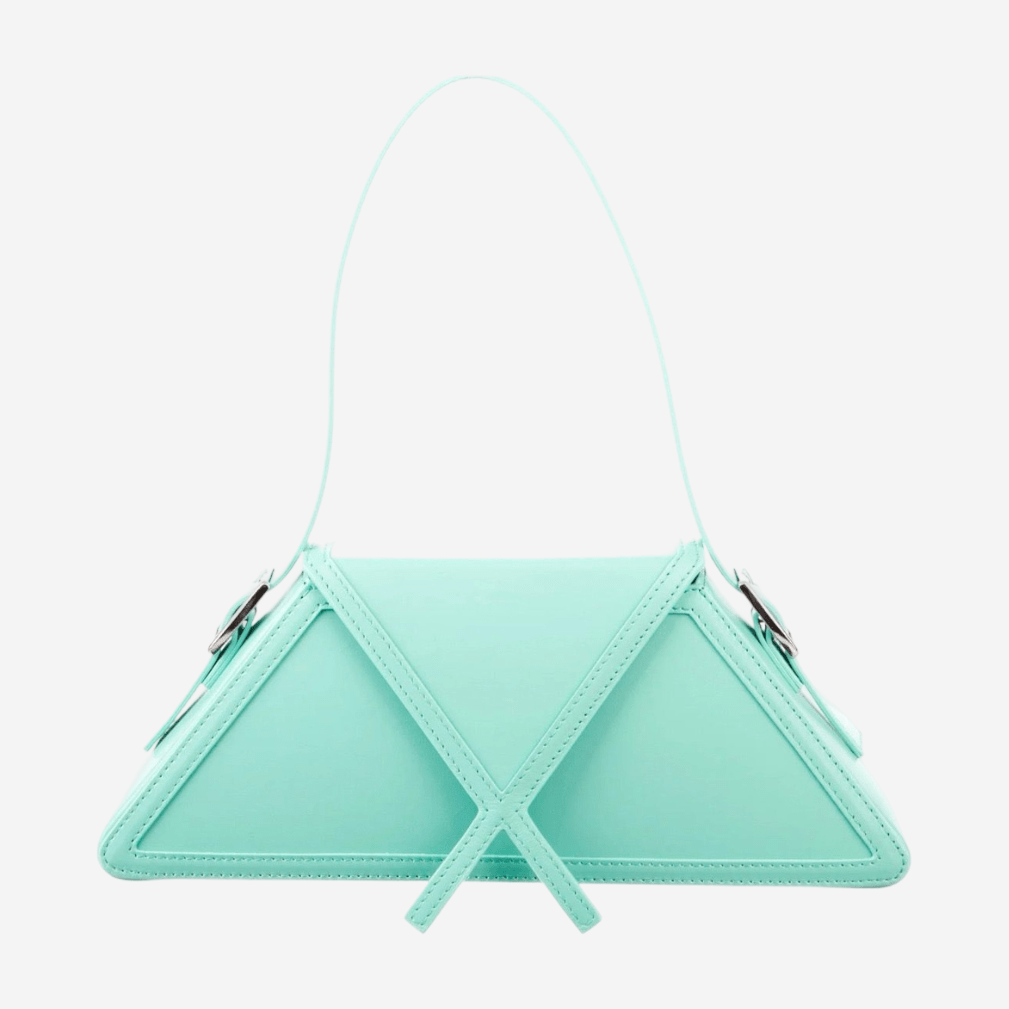 A mint green triangular handbag with a curved handle and a strap.