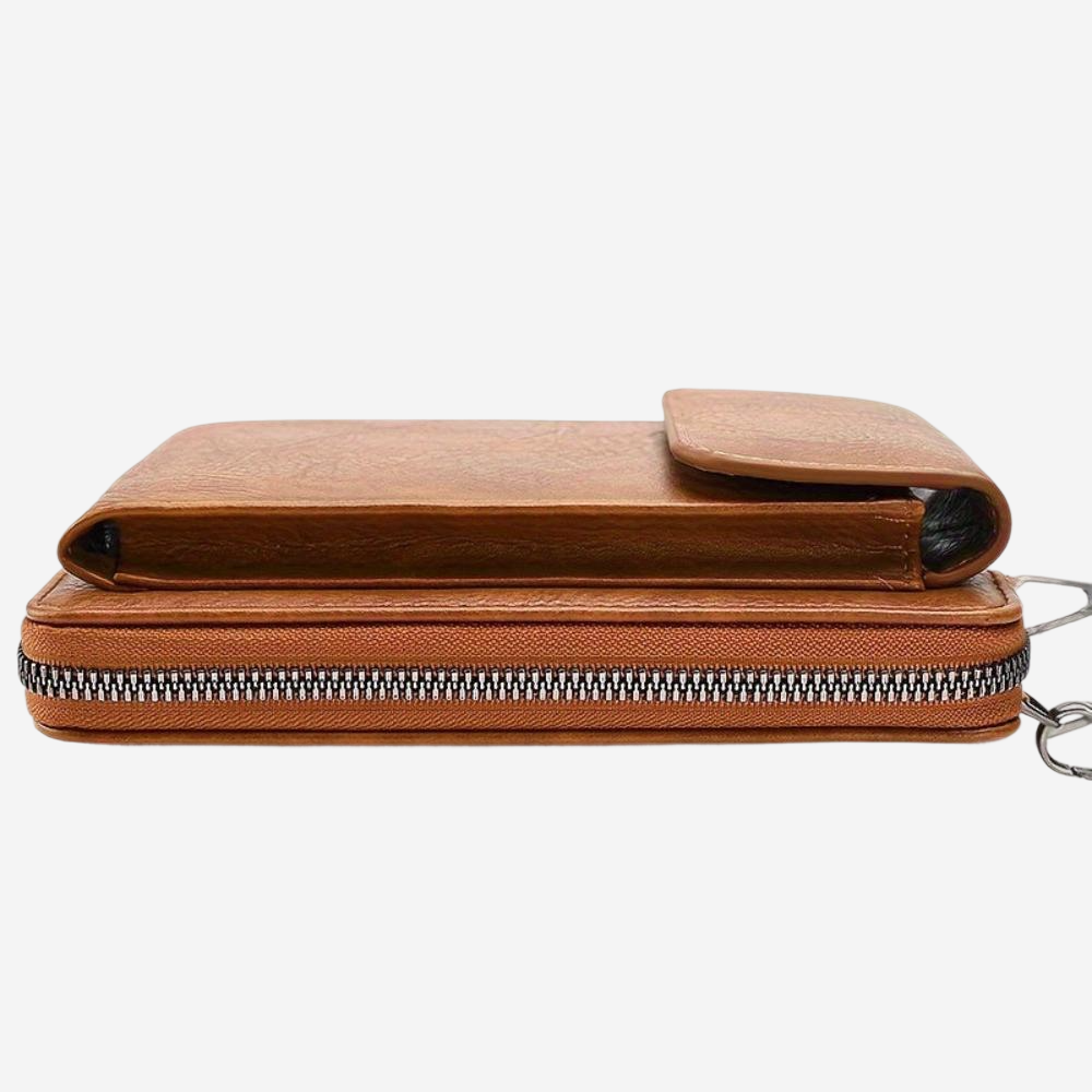 A brown leather wallet or card holder with a zipper closure.