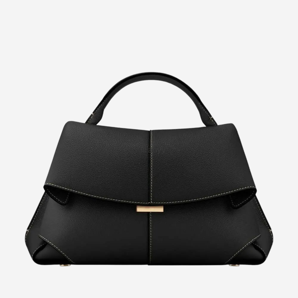 A black leather handbag with a gold-colored clasp.