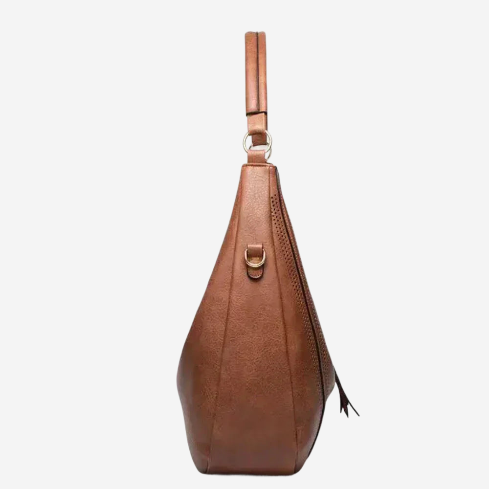 A brown leather handbag with a curved shape and a metal clasp on the front.