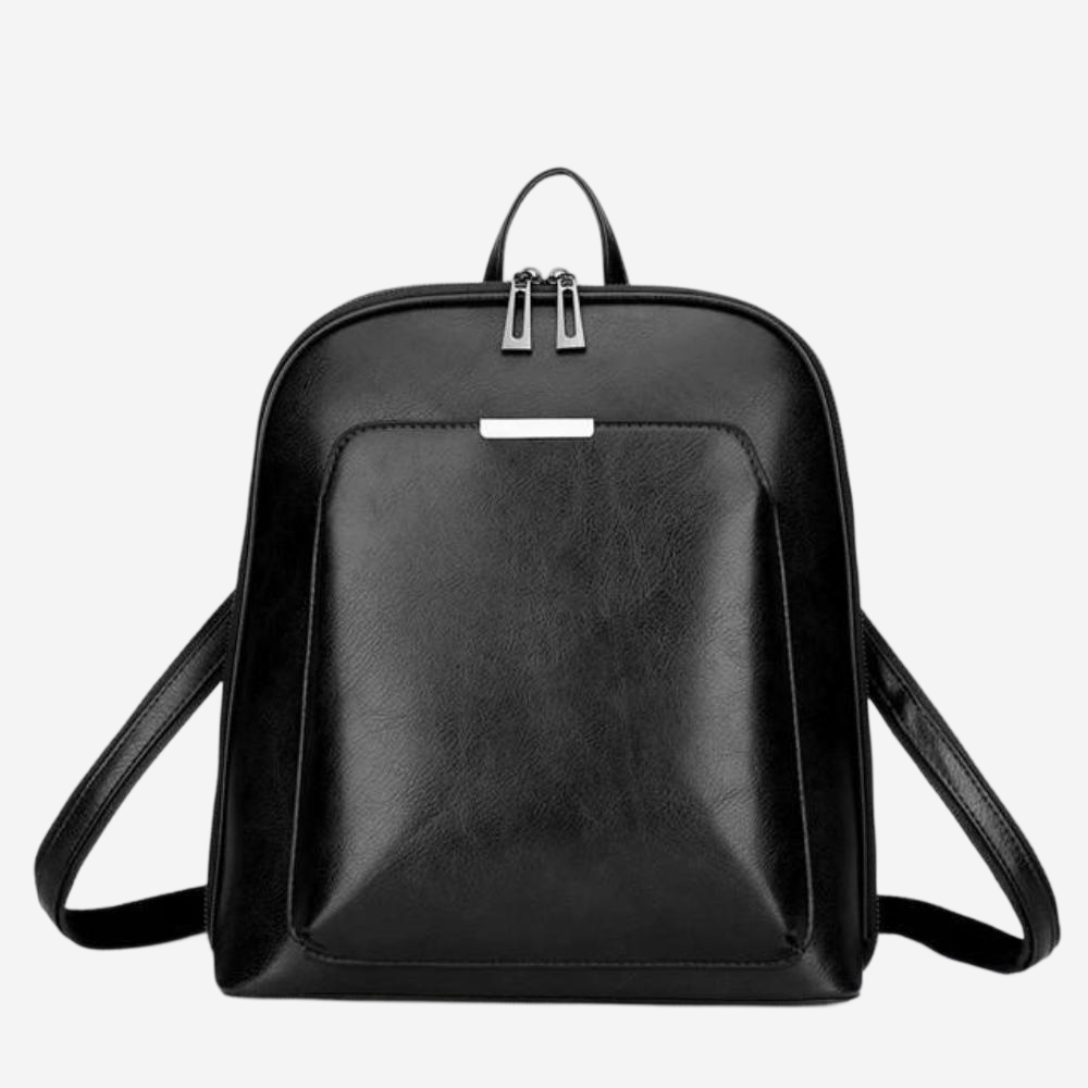 A black leather backpack with two zippers and a front pocket.