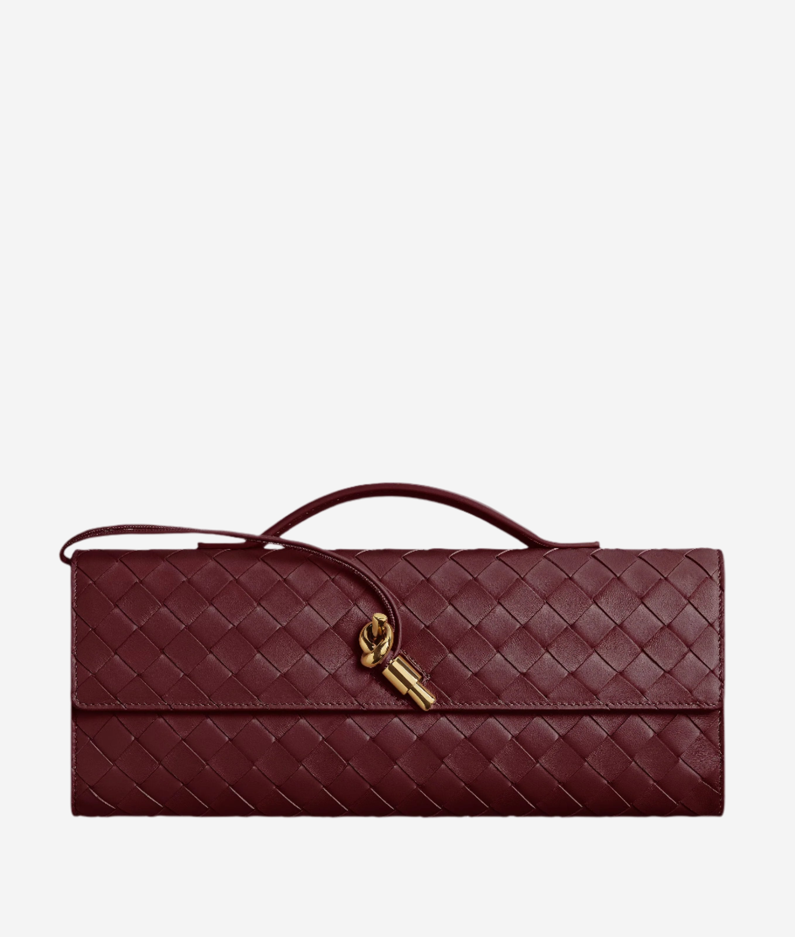 A burgundy leather handbag with a woven texture and a gold clasp.