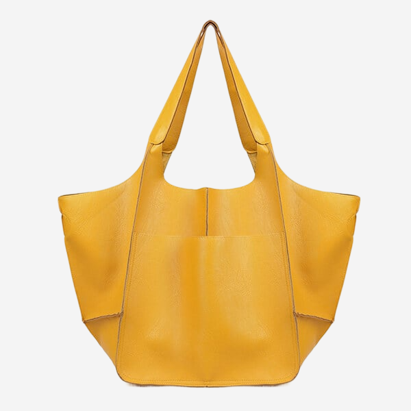 A large yellow tote bag with two handles and a front pocket.