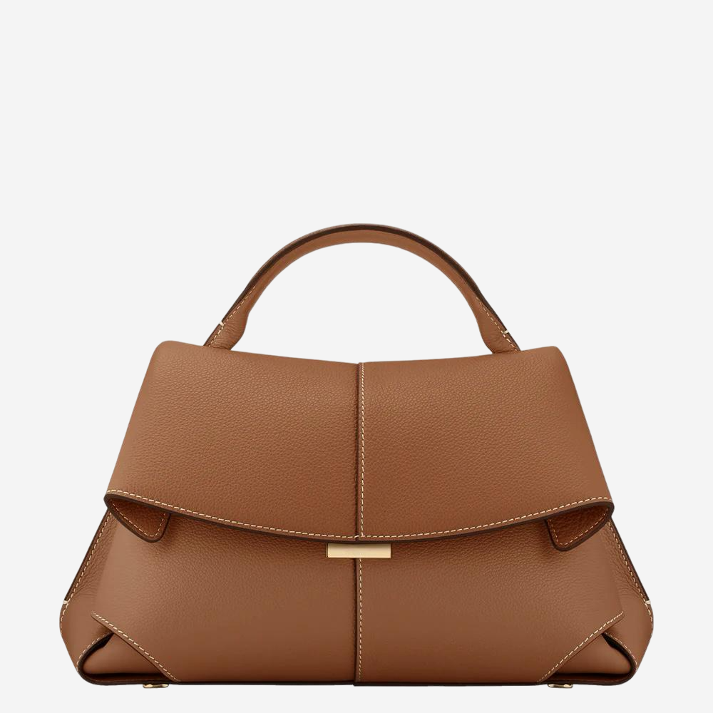 A brown leather handbag with a curved handle and a gold-colored metal clasp.