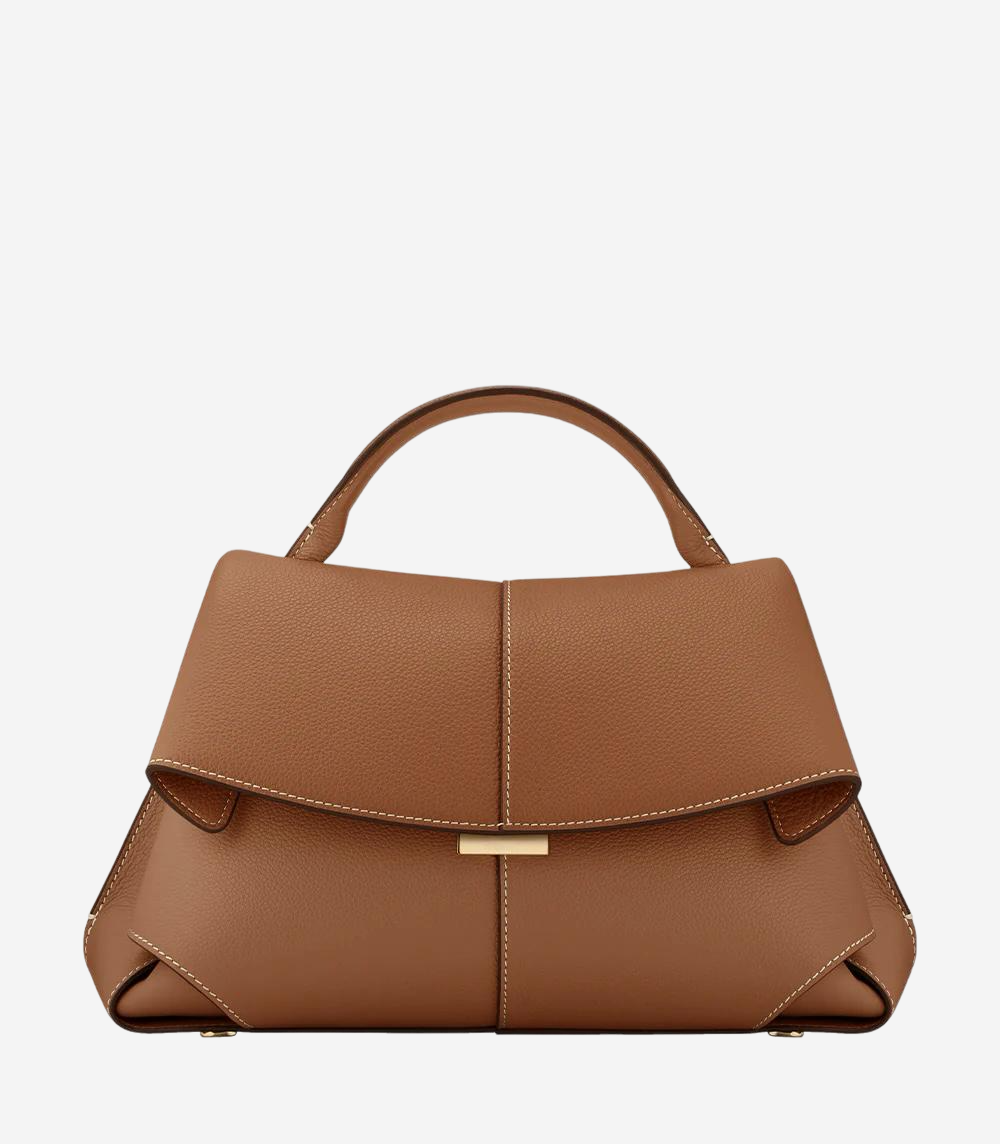 A brown leather handbag with a curved handle and a gold-colored metal clasp.