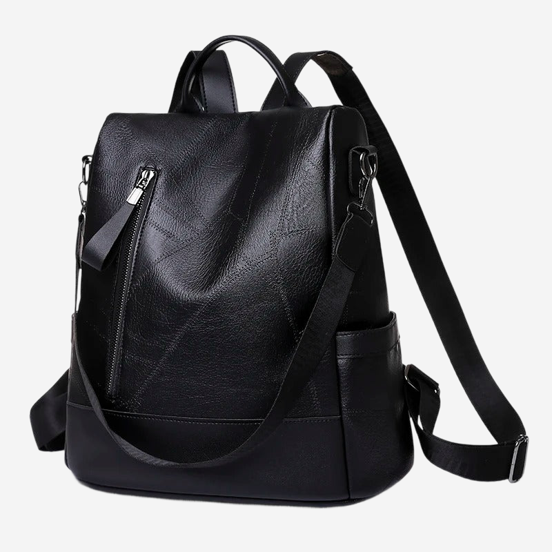 A black leather backpack with multiple zippers and straps.