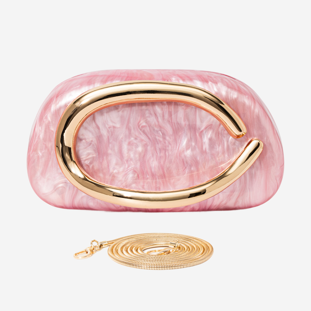 A pink, textured clutch purse with a gold-colored metal clasp and chain strap.