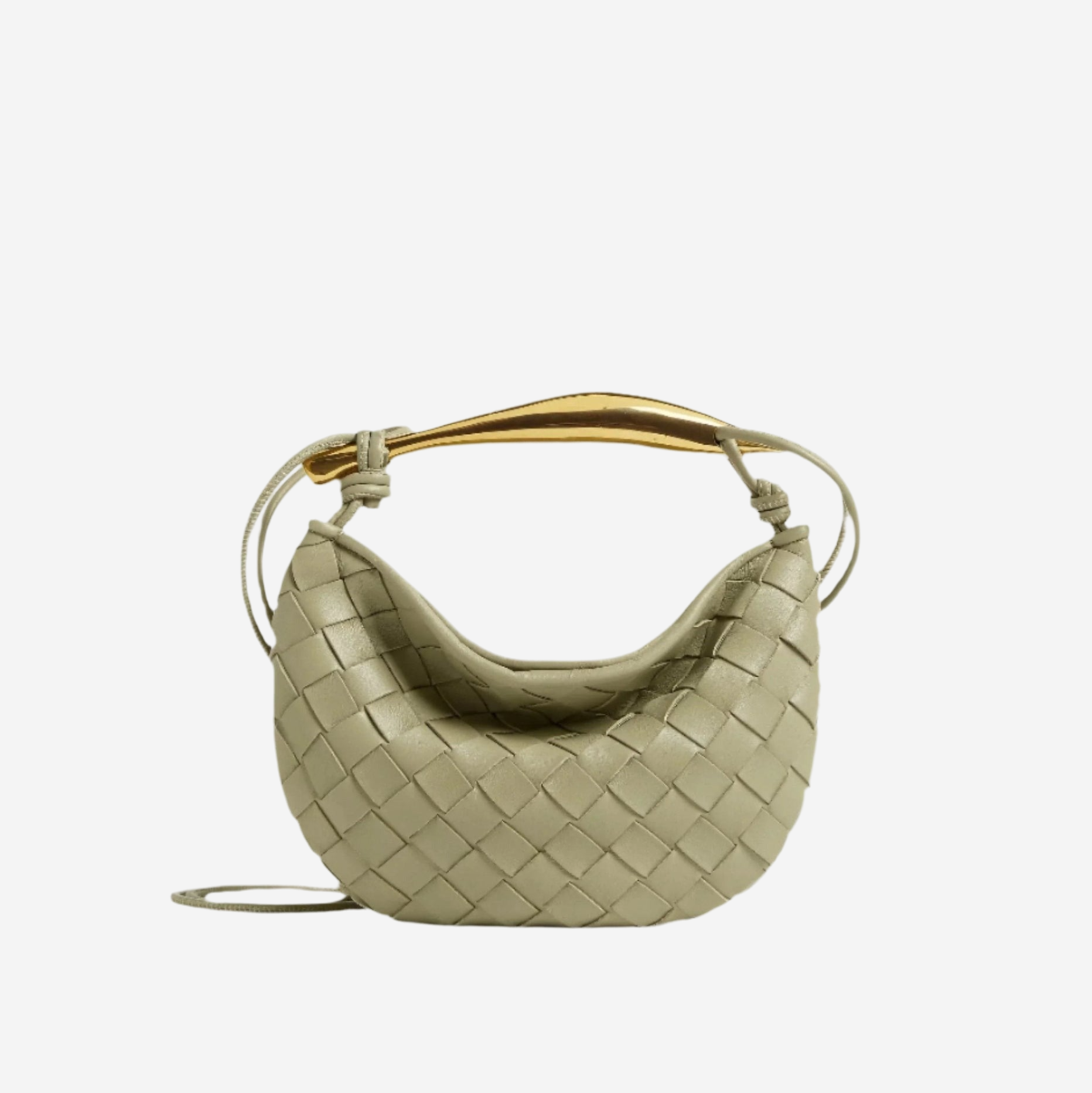 A small, light green woven purse with a gold handle.