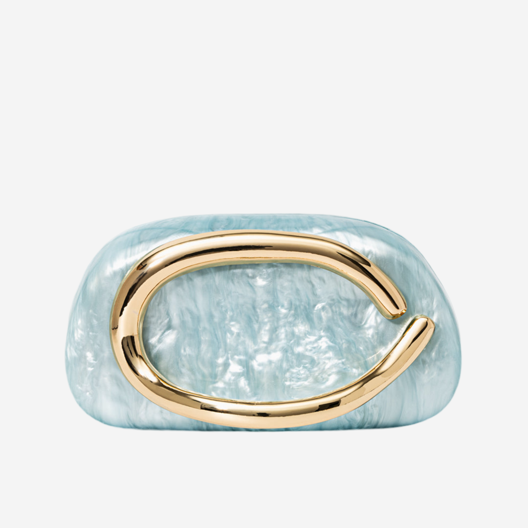 A light blue, textured bag with a gold-colored metal clasp.