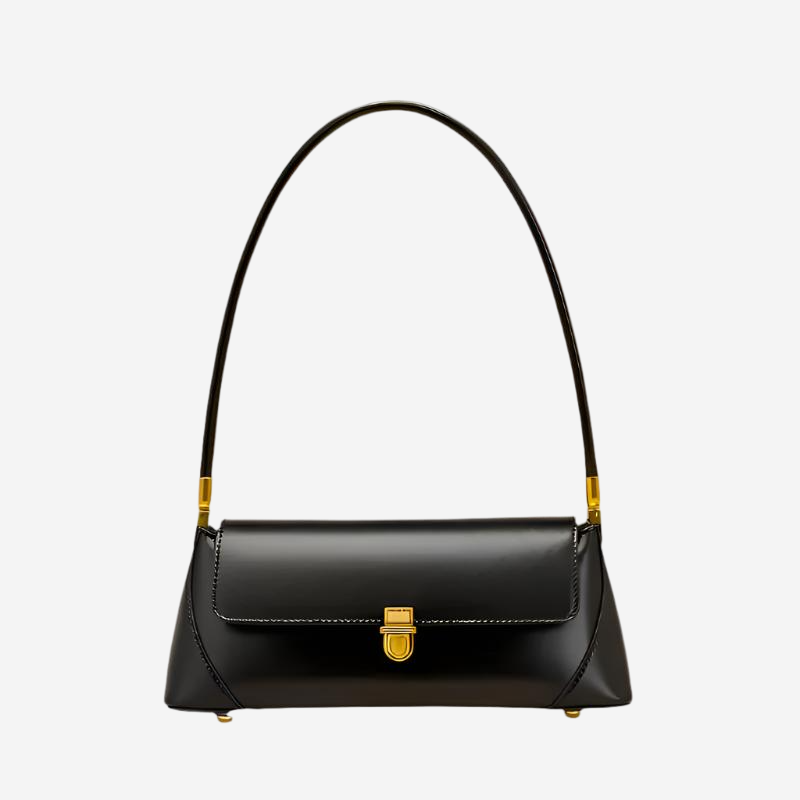 A black leather handbag with a gold clasp and handle.