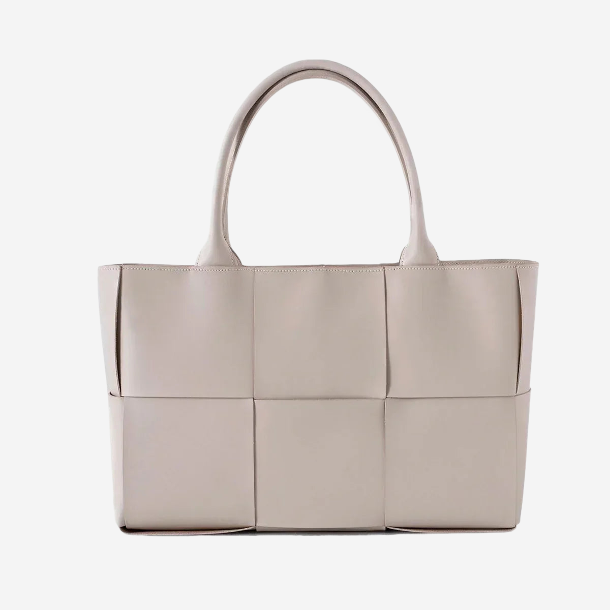A beige leather handbag with a distinctive woven pattern.