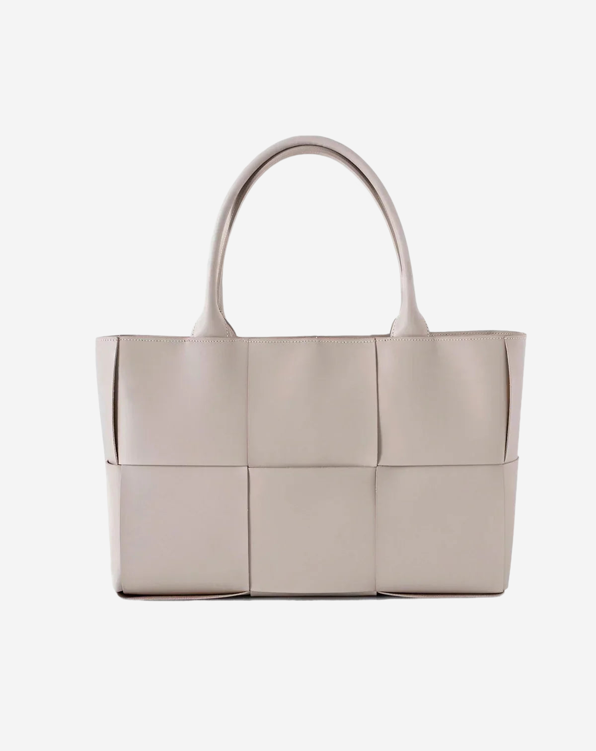 A beige leather handbag with a distinctive woven pattern.