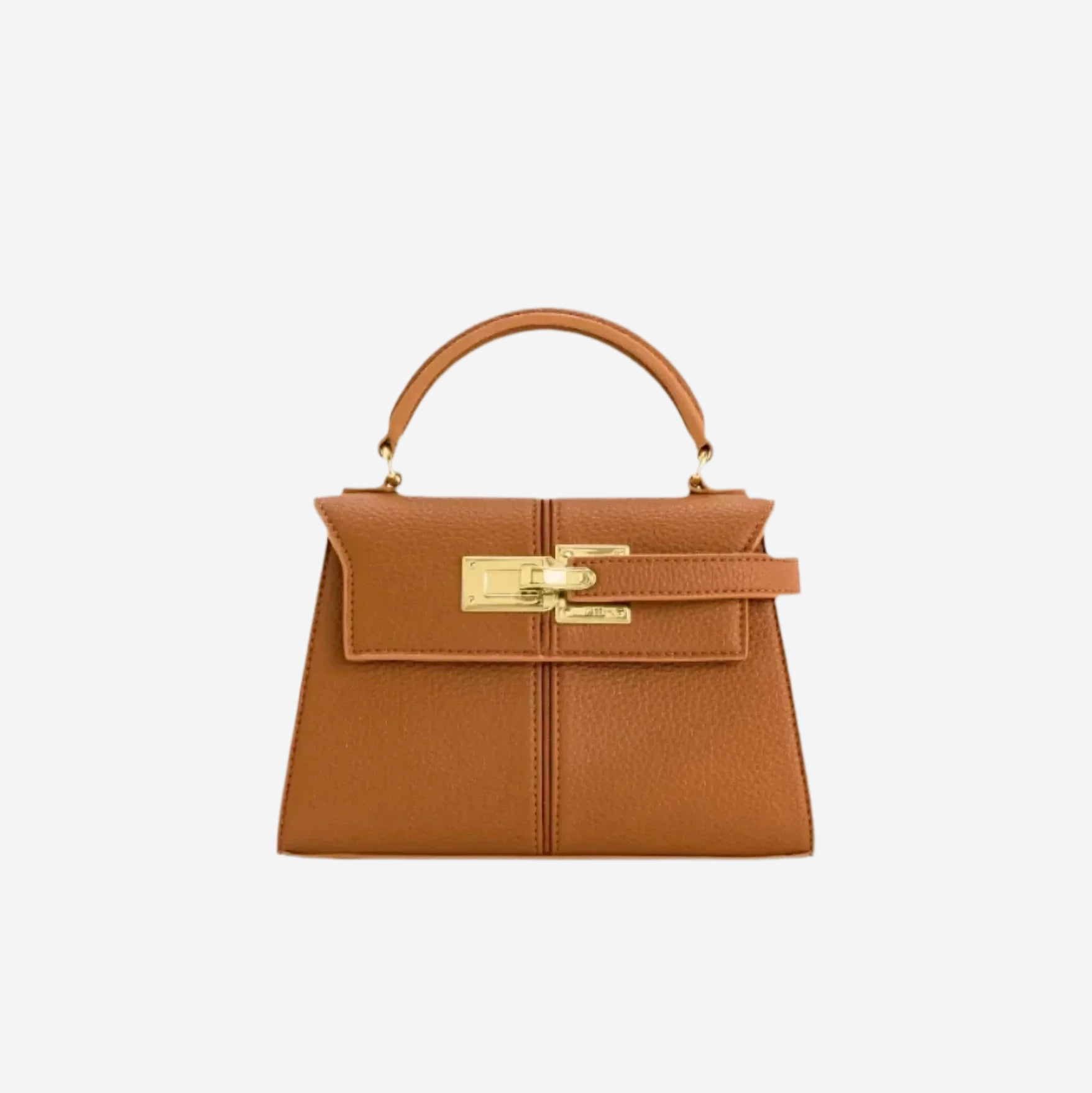 A small brown leather handbag with a gold-colored clasp and handle.