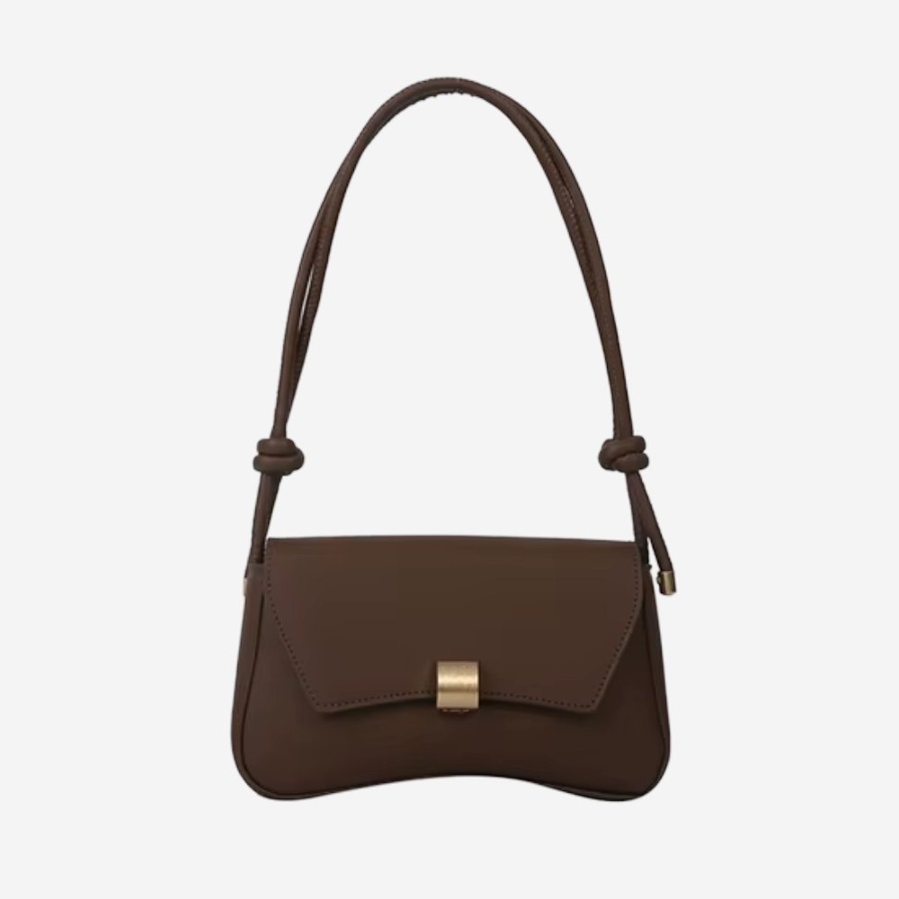 A brown leather handbag with a gold-colored clasp and a curved handle.