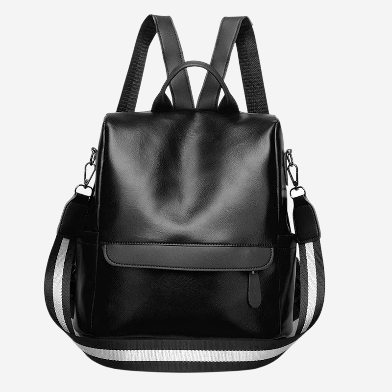 A black leather backpack with a white stripe on the strap.