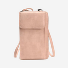 A tan-colored leather crossbody bag with a zipper closure and a small pocket on the front.