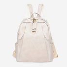 A beige leather backpack with a zipper closure and two shoulder straps.