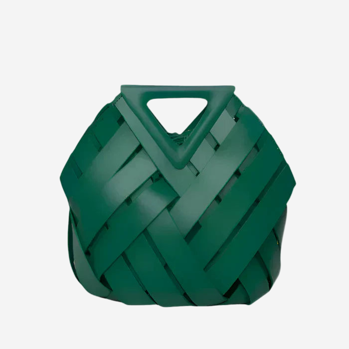 A green woven handbag with a triangular handle.