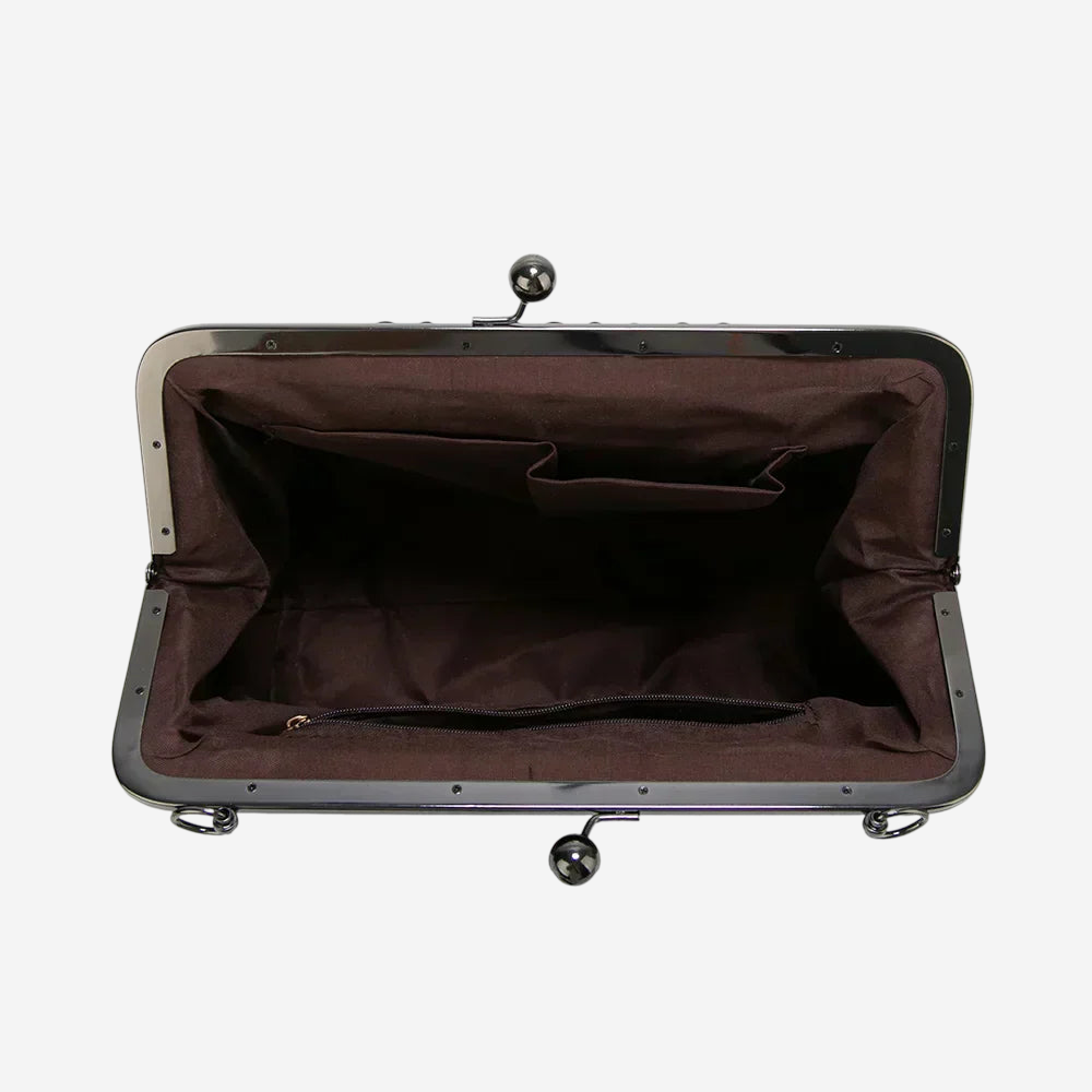 An empty brown leather purse with a metal clasp and handle.
