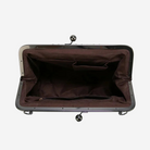 An empty brown leather purse with a metal clasp and handle.