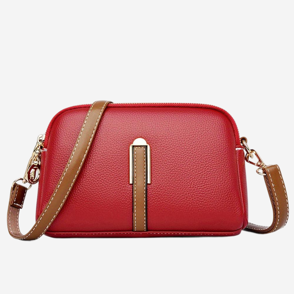 A red crossbody bag with a brown leather strap and a gold-colored metal clasp.
