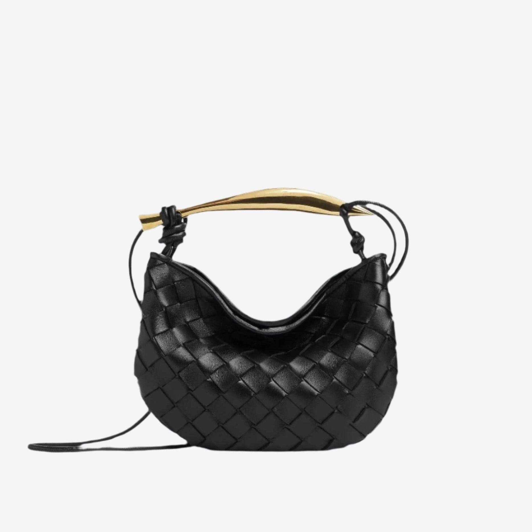 A black woven handbag with a gold handle.