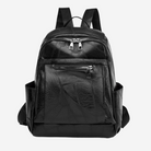 A black leather backpack with multiple zippers and pockets.