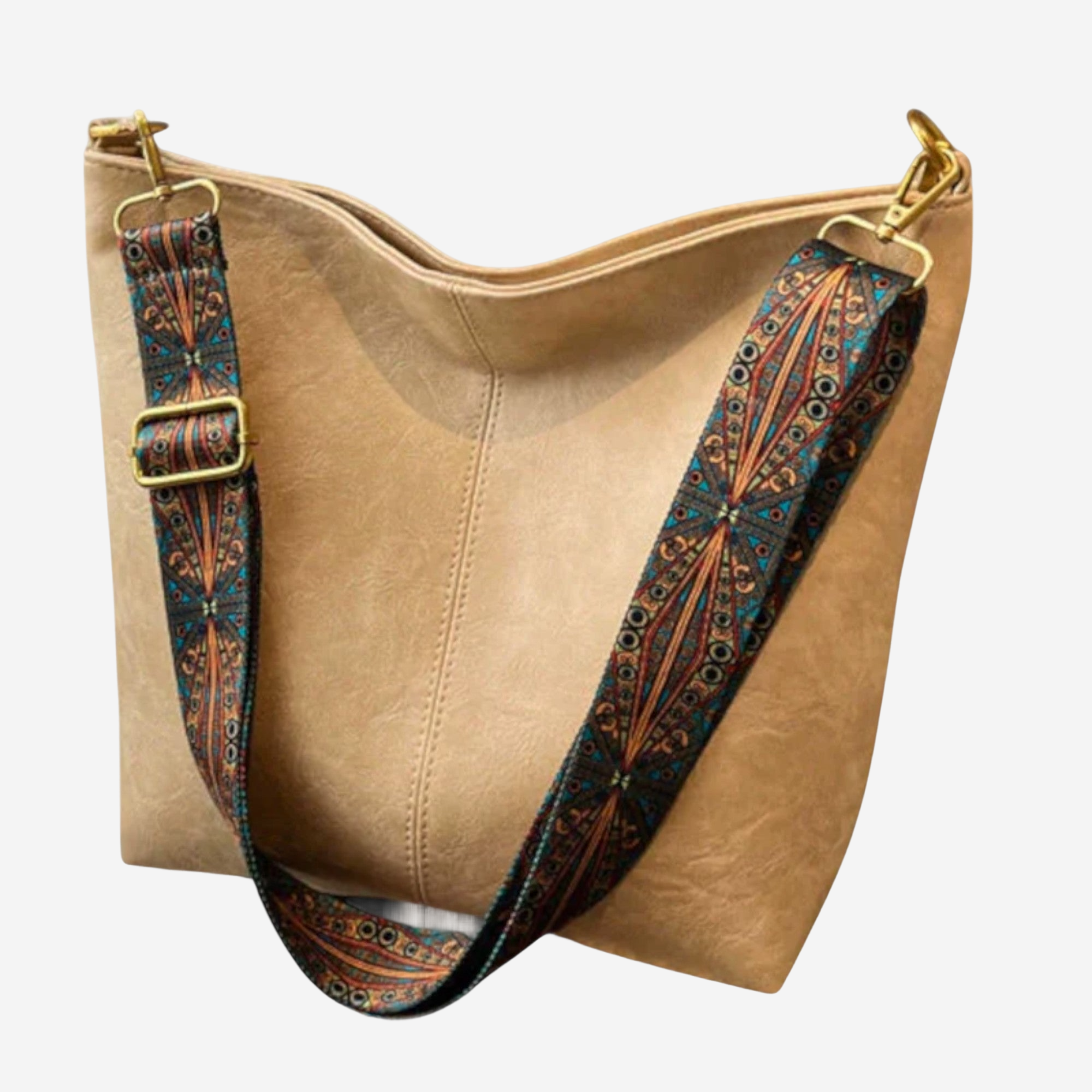 A tan leather handbag with a patterned strap and a gold metal clasp.