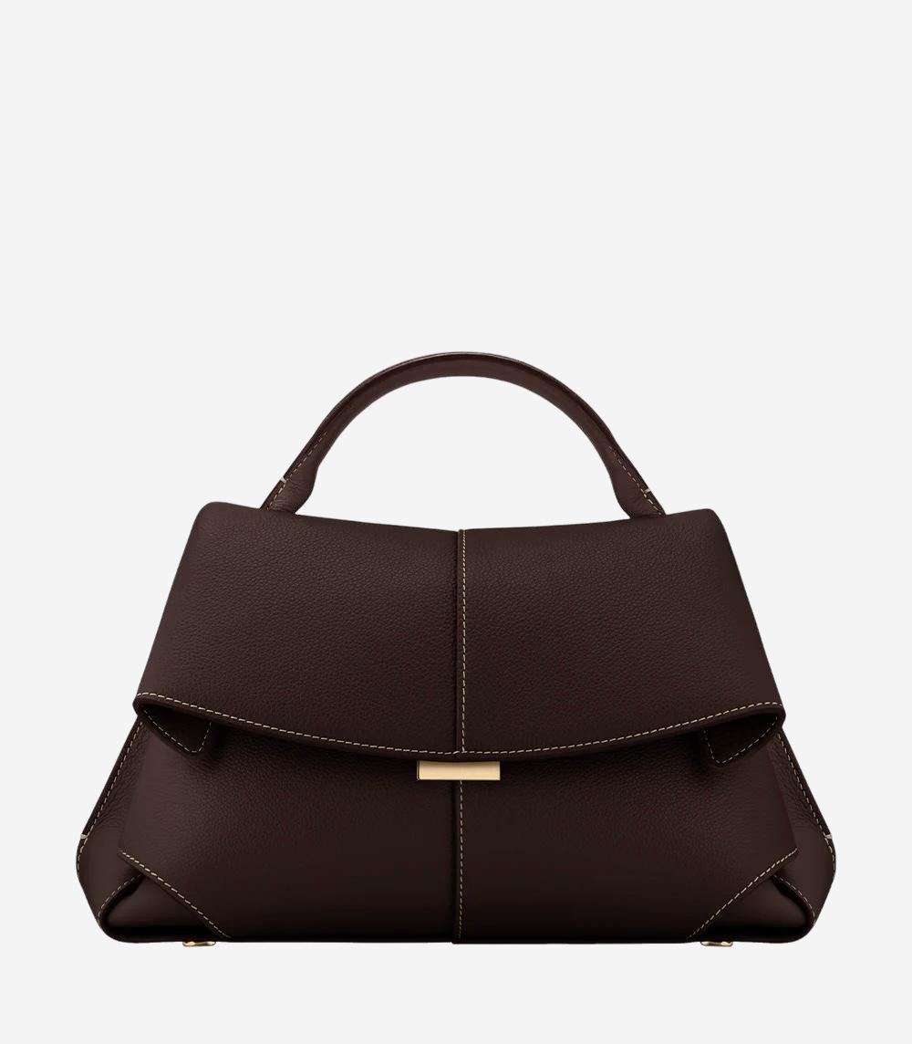 A brown leather handbag with a gold-colored clasp and handle.
