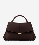 A brown leather handbag with a gold-colored clasp and handle.