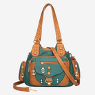 A green and brown handbag with multiple pockets and zippers, featuring a leather strap and metal hardware.