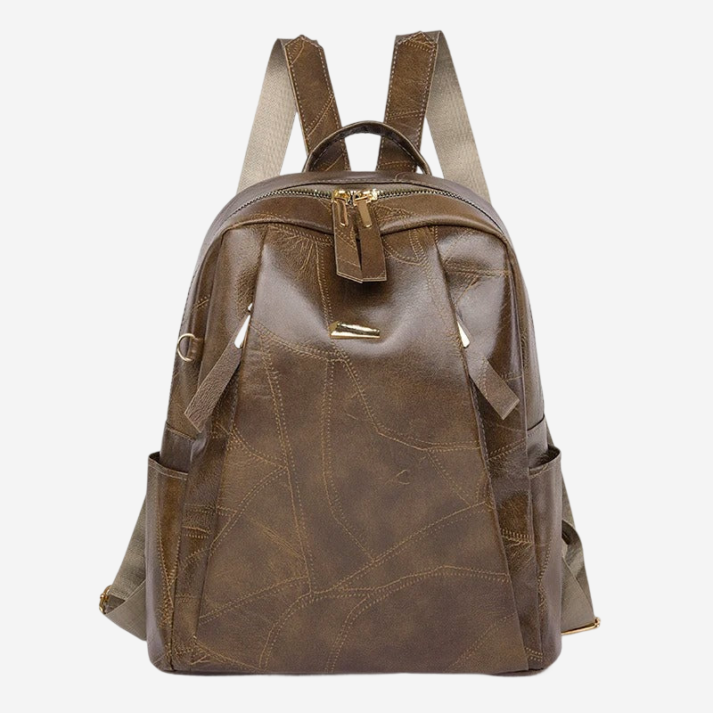 A brown leather backpack with multiple pockets and zippers.