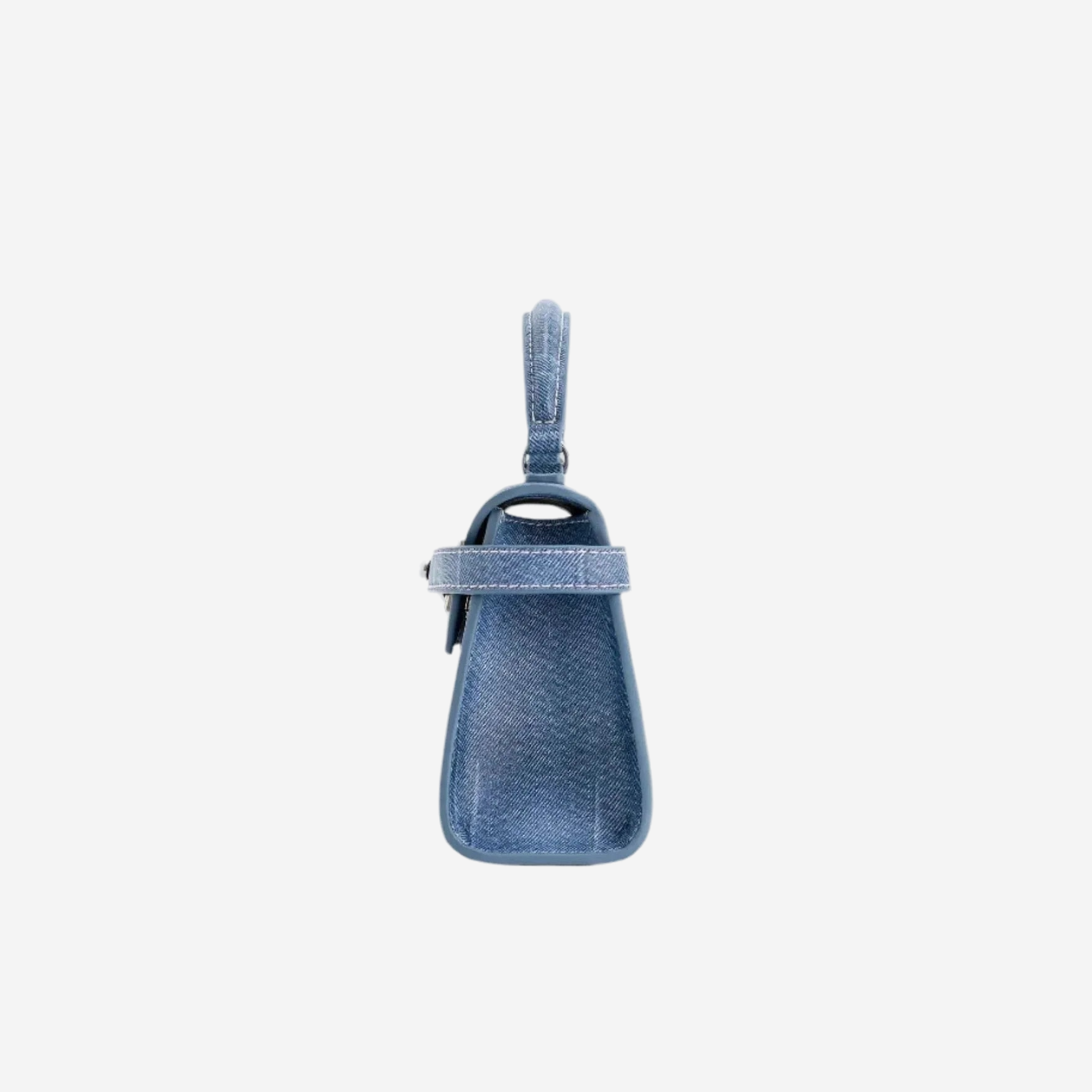 A small blue denim handbag with a handle and a zipper closure.