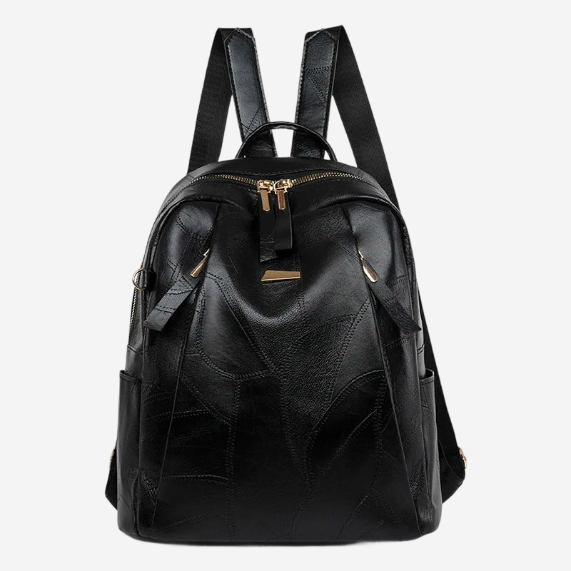A black leather backpack with multiple zippers and straps.