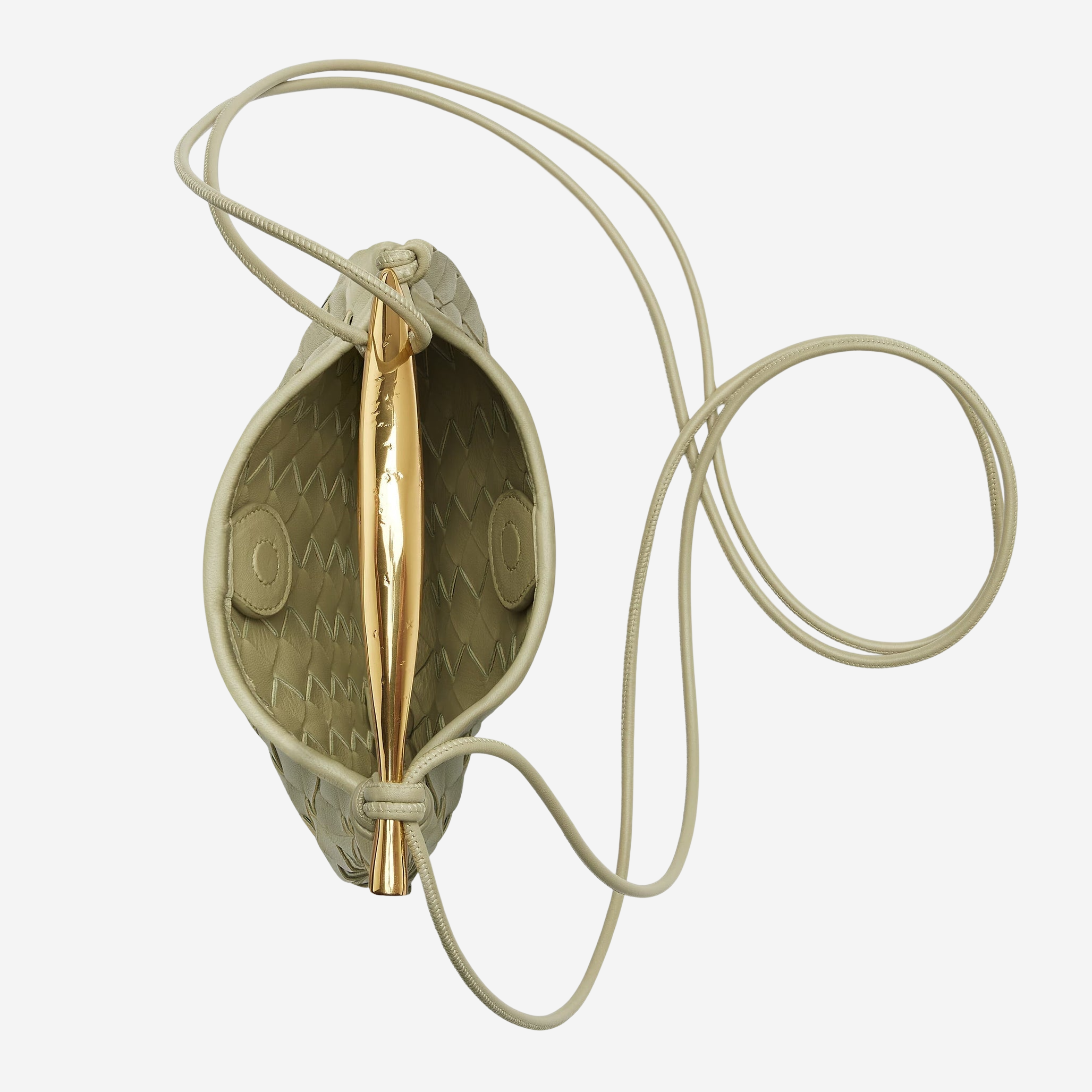 A small, beige-colored purse with a gold-colored handle and a gold-colored pen attached to it, hanging from a string.