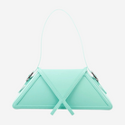 A mint green triangular handbag with a curved handle and a strap.