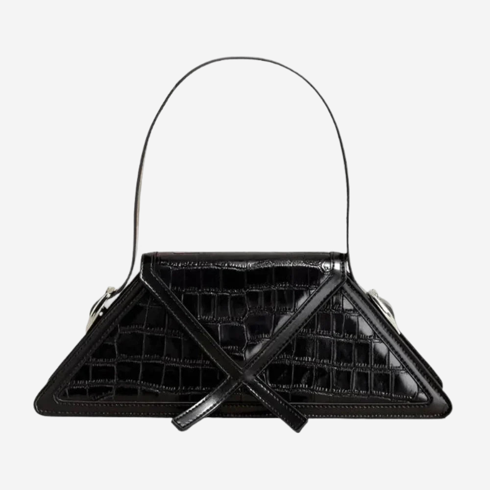 A black handbag with a crocodile skin texture and a triangular shape.