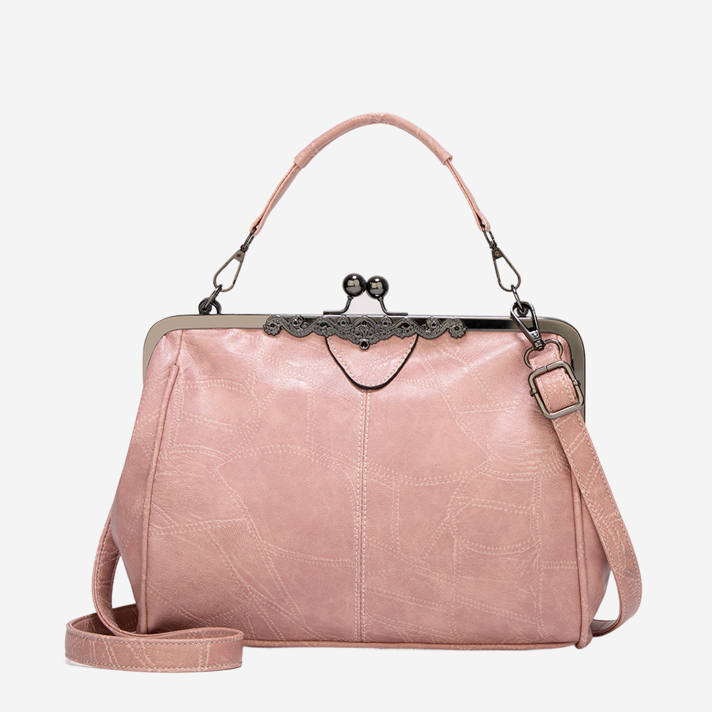 A pink leather handbag with a metal clasp and handle, featuring a lace-up closure.